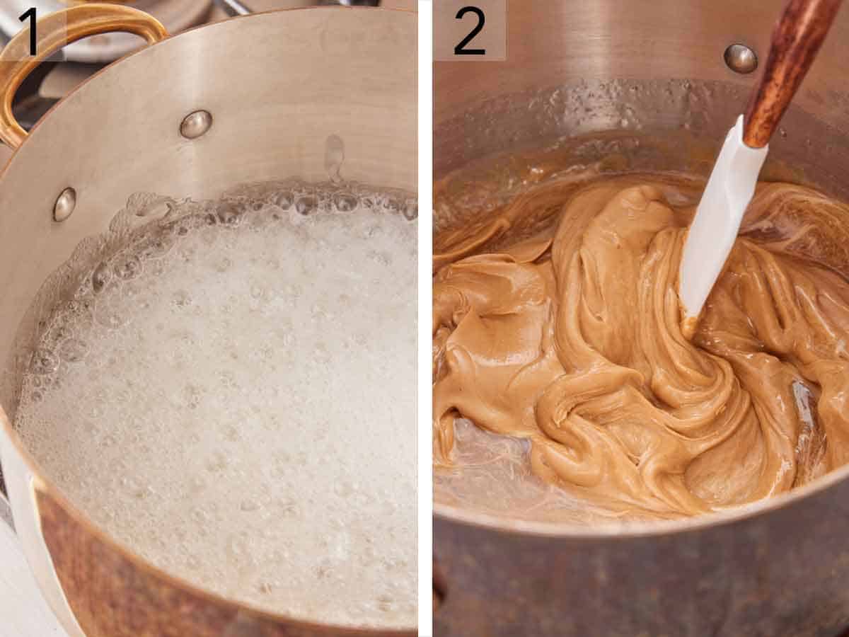 Set of two photos showing sugar and syrup simmering in a pot and peanut butter stirred in.