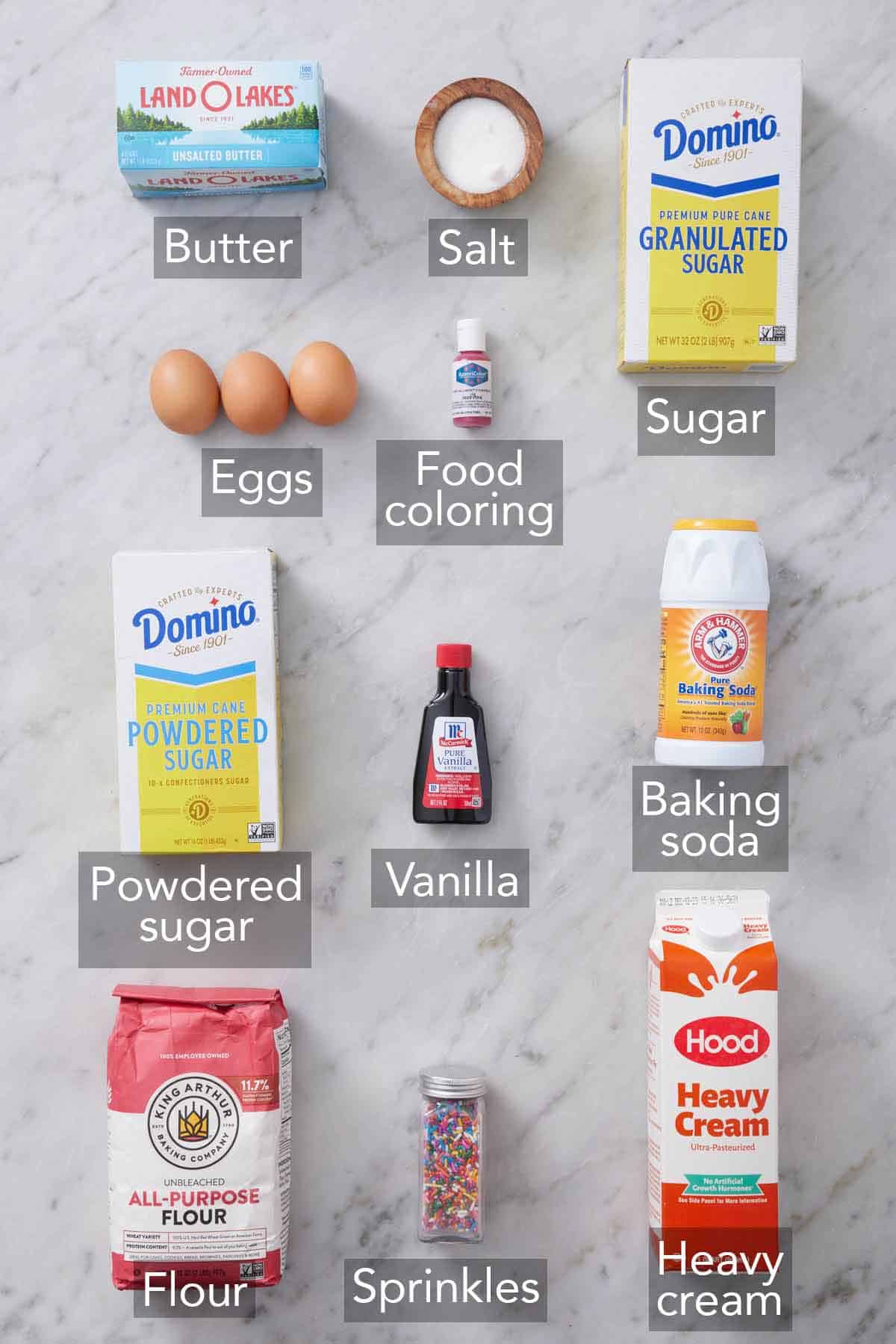 Ingredients needed to make sugar cookie bars.