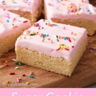 Pinterest graphic of sugar cookie bars on a wooden serving board.