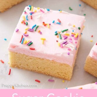 Pinterest graphic of a slightly angled view of a cut sugar cookie bar with some off to the side, sprinkles scattered around.