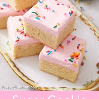 Pinterest graphic of a tray with stacked sugar cookie bars.