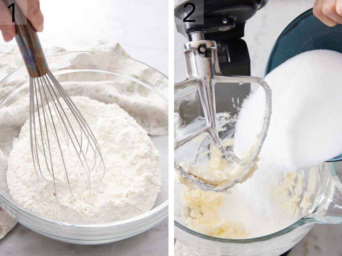 Set of two photos showing dry ingredients whisked in a bowl and sugar added to butter in a mixer.