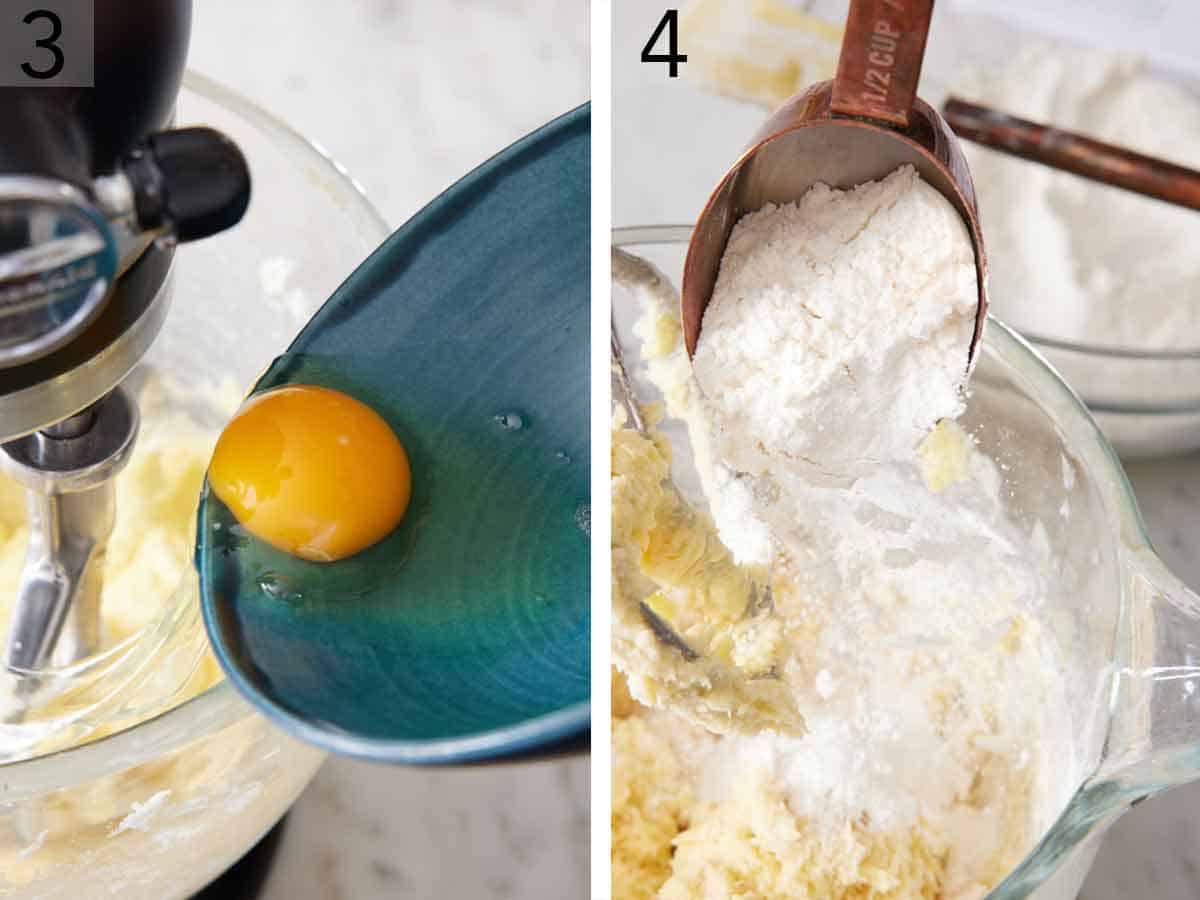 Set of two photos showing egg and flour mixture added to the mixer.