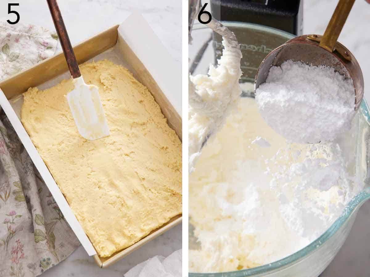 Set of two photos showing batter added to a lined baking dish and powdered sugar added to a mixer.