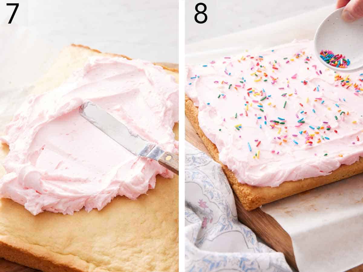 Set of two photos showing frosting and sprinkles added to the baked cookie bar.