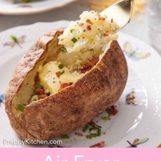 Pinterest graphic of a fork lifting up a bite from a plate with an air fryer baked potato.
