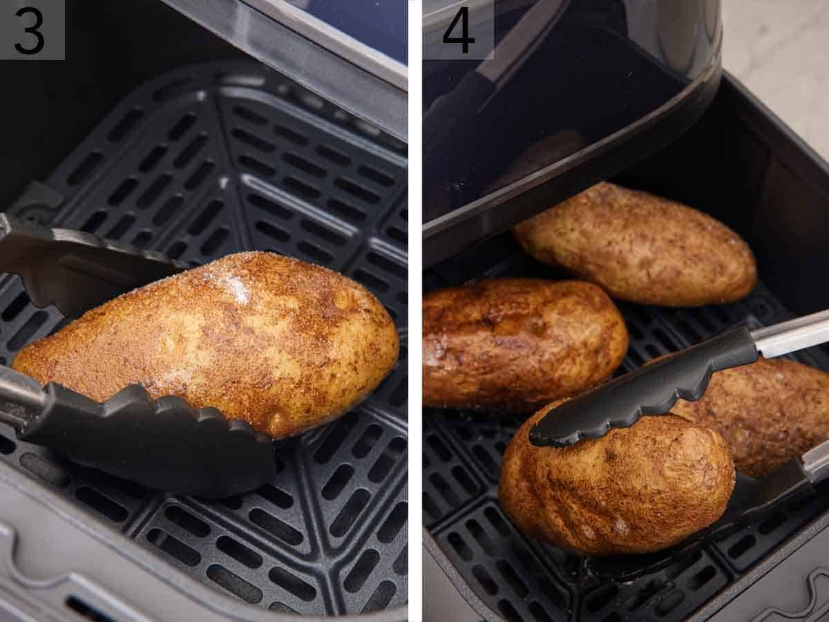 Set of two photos showing the potatoes added to the air fryer basket.