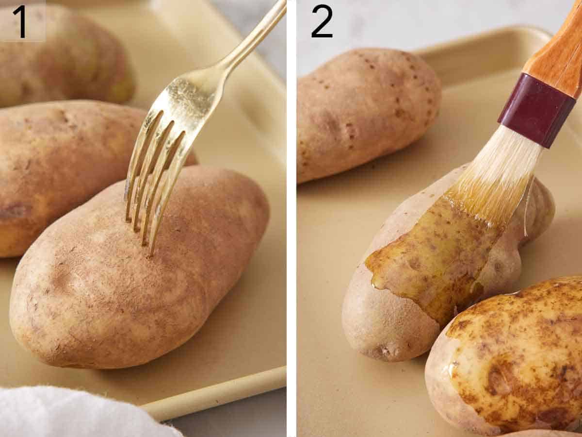 Set of two photos showing a fork pricking a potato and oil brushed on top.