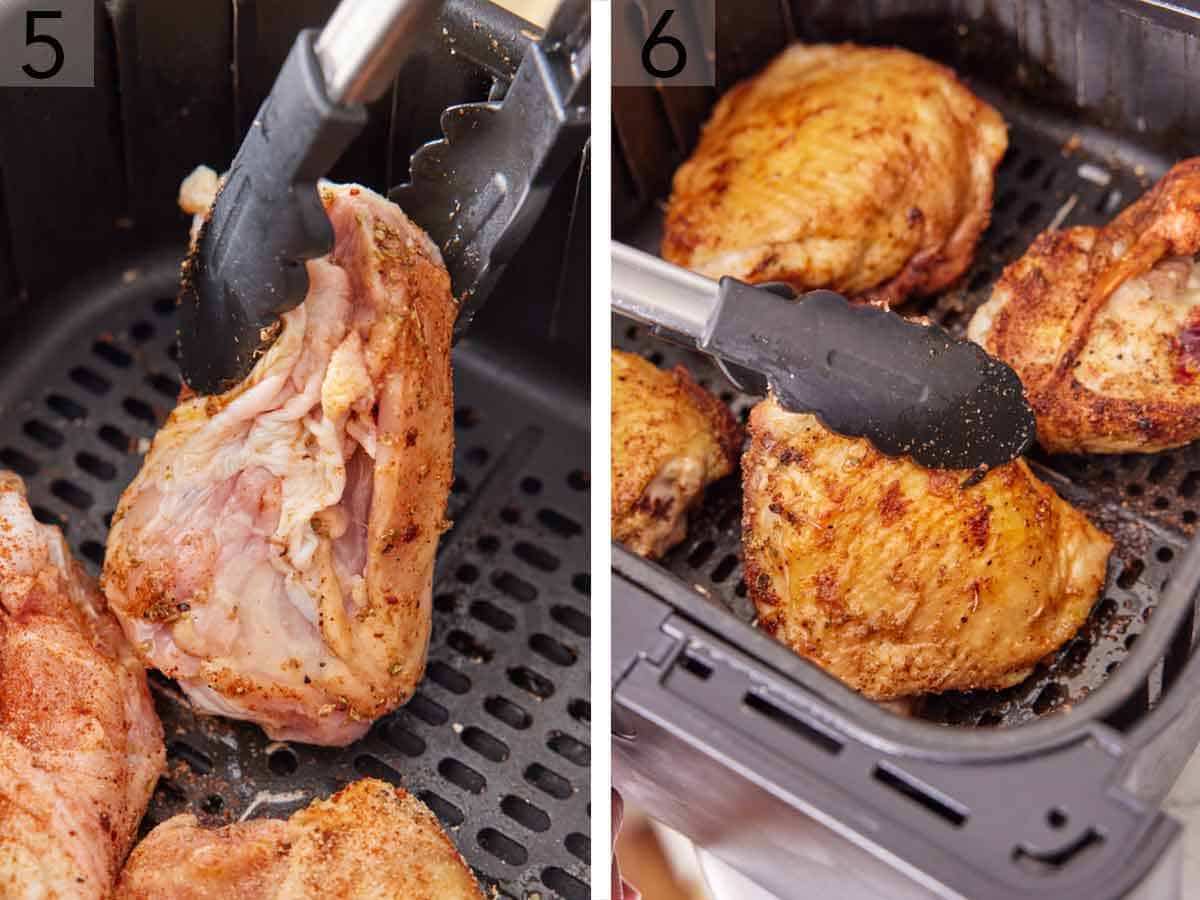 Set of two photos showing chicken flipped in an air fryer basket.
