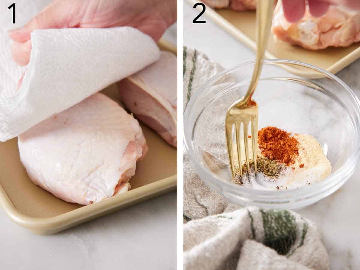 Set of two photos showing meat patted dry with a towel and seasoning mixed in a bowl with a fork.