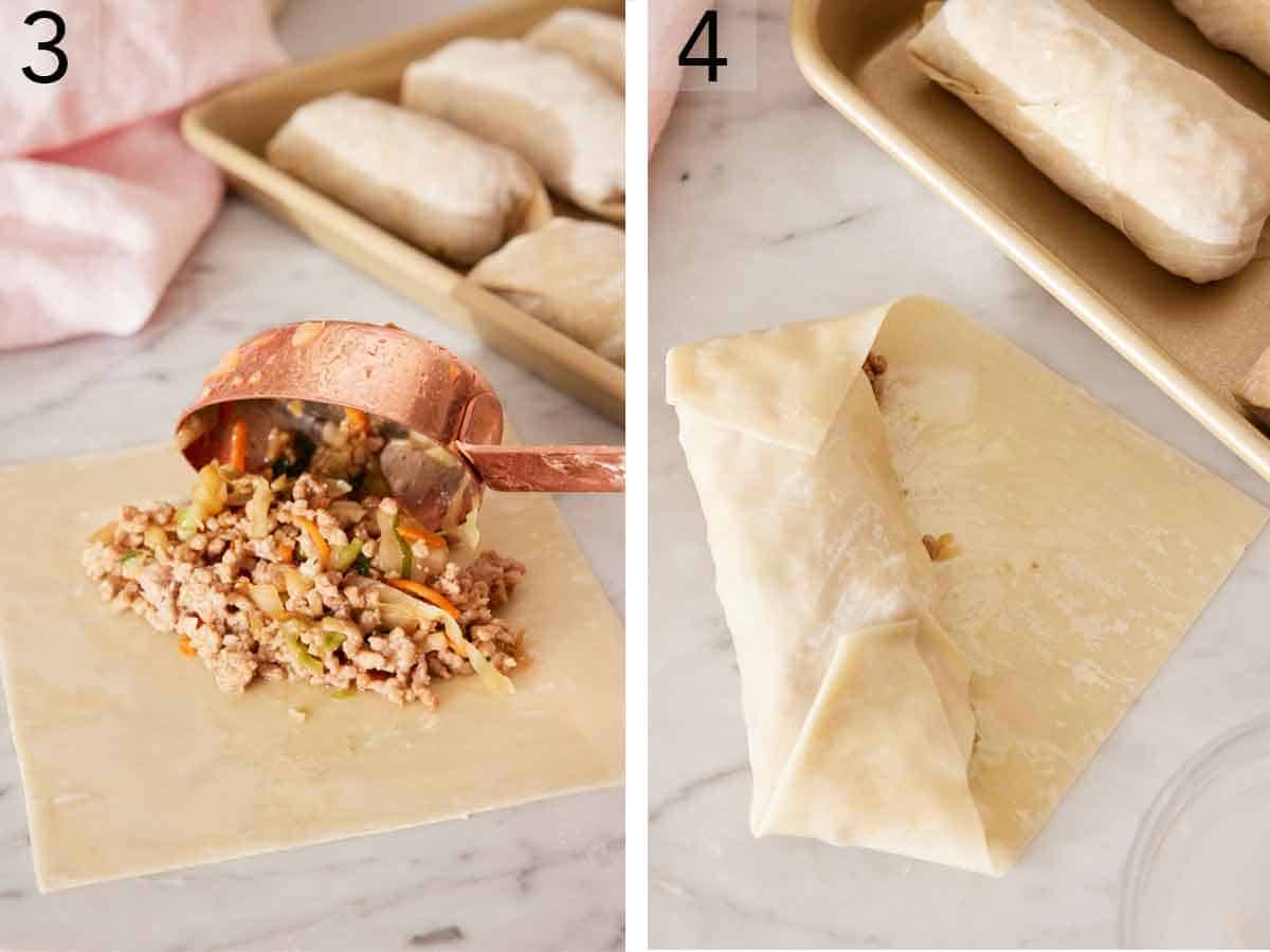 Set of two photos showing egg roll filling added to the wrappers and rolled.
