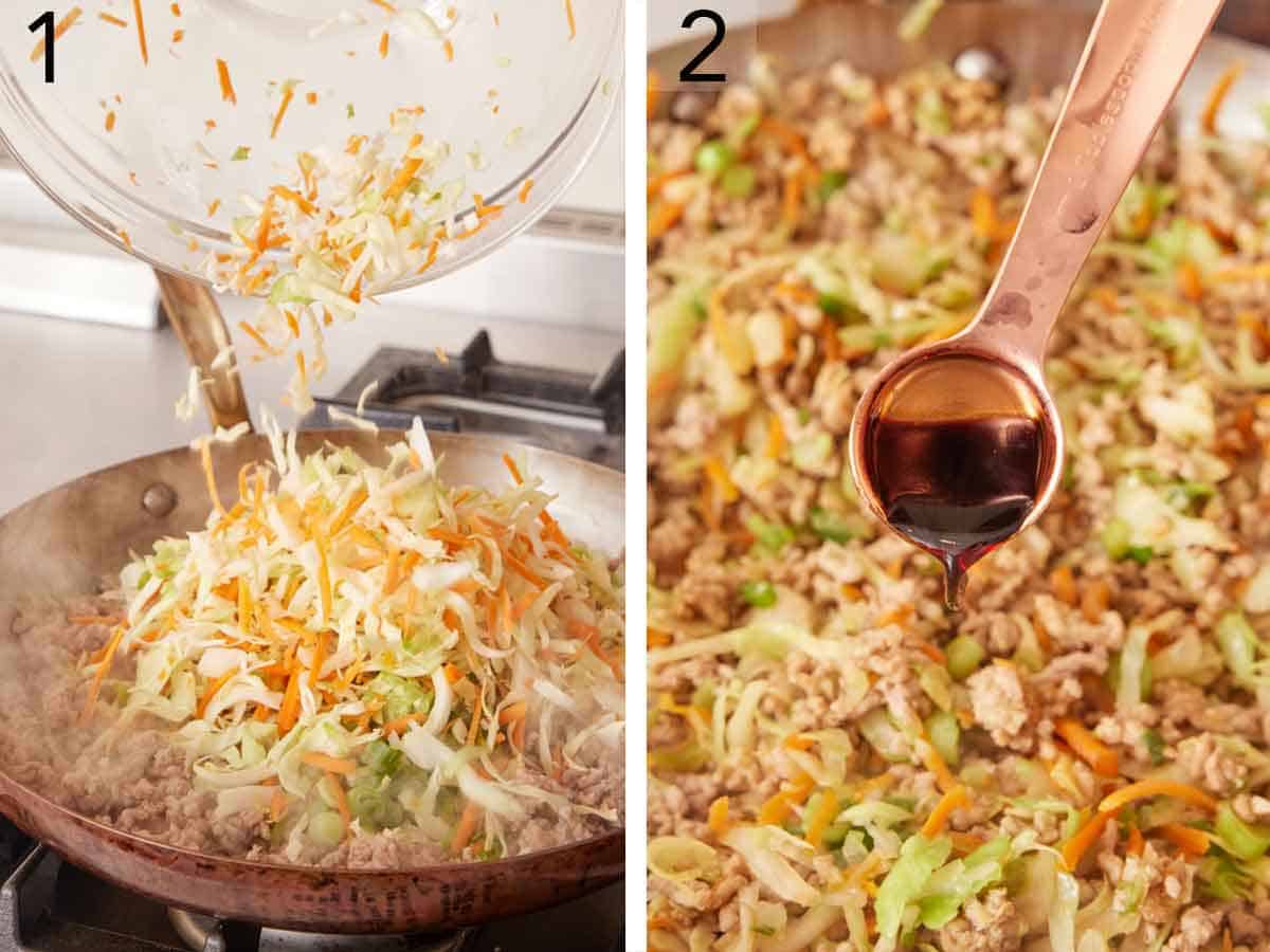 Set of two photos showing cole slaw mix added to a skillet with cooked pork and soy sauce added.