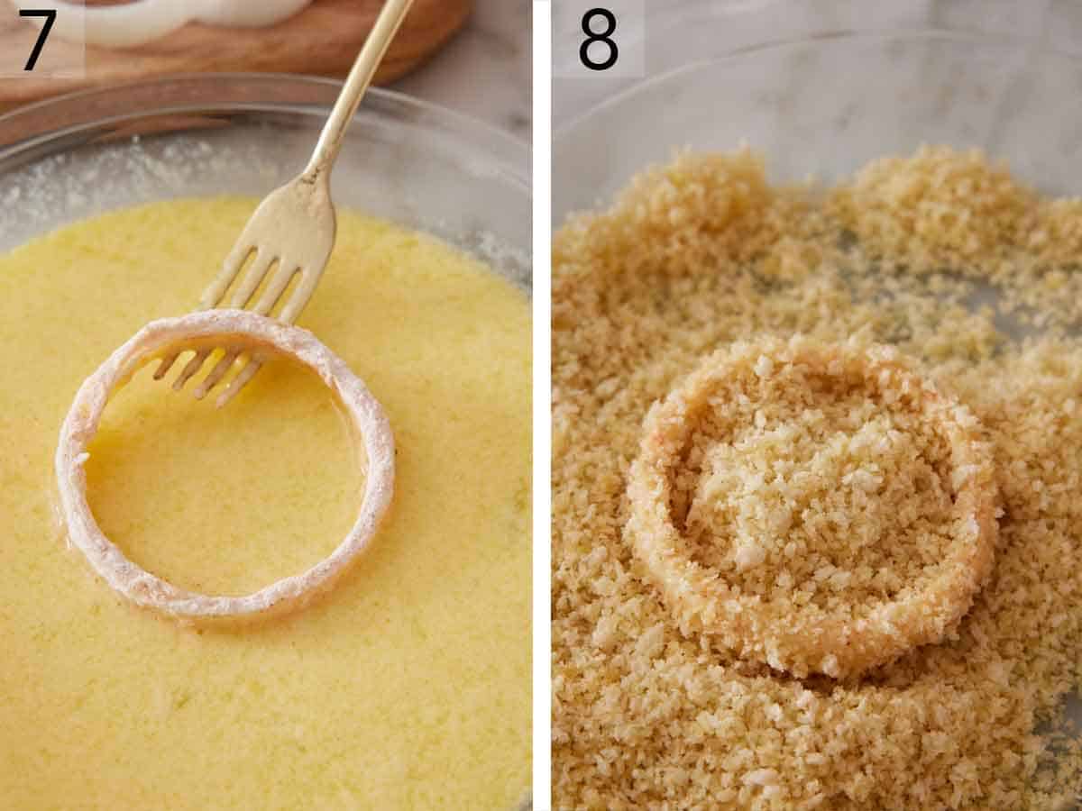 Set of two photos showing the coated ring added back to the egg mixture and then coated in breadcrumbs.