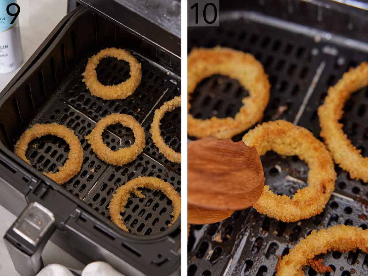 Set of two photos showing onion rings added to the air fryer basket and flipped after air frying.