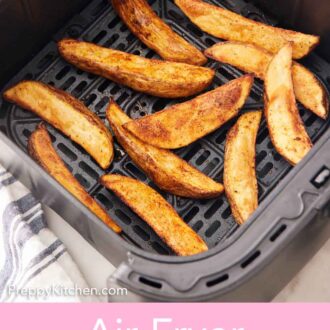 Pinterest graphic of potato wedges in an air fryer basket.