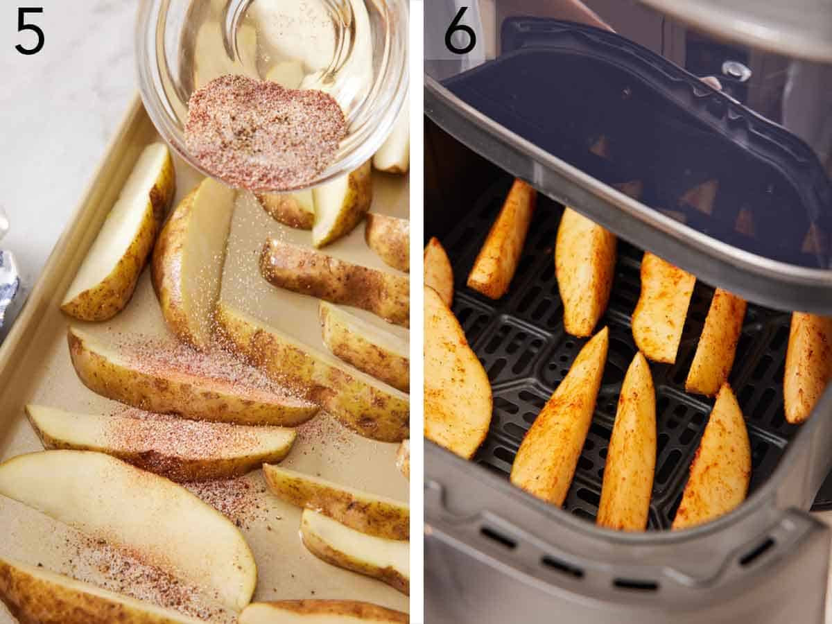 Set of two photos showing seasoning added to the potatoes then transferred to an air fryer.