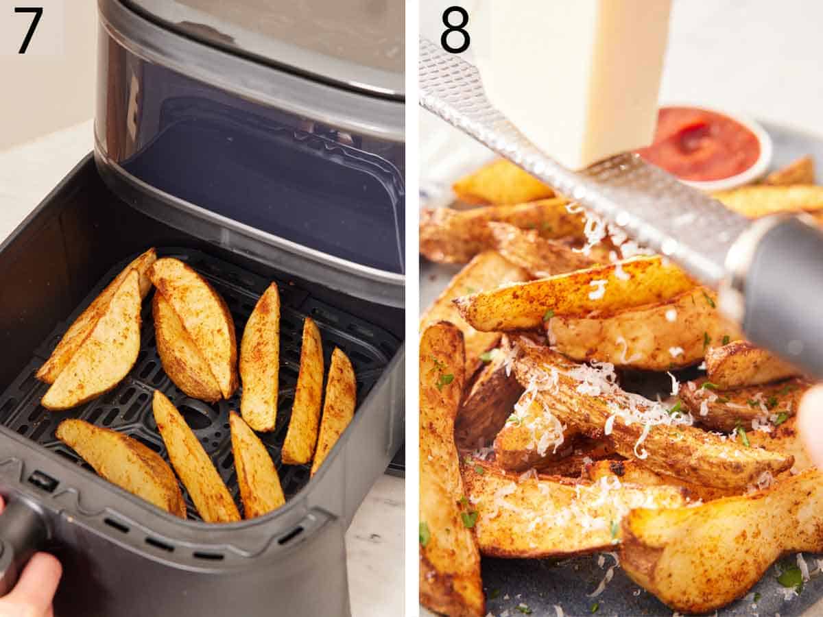 Set of two photos showing potato wedges in an air fryer basket and parmesan grated over them.