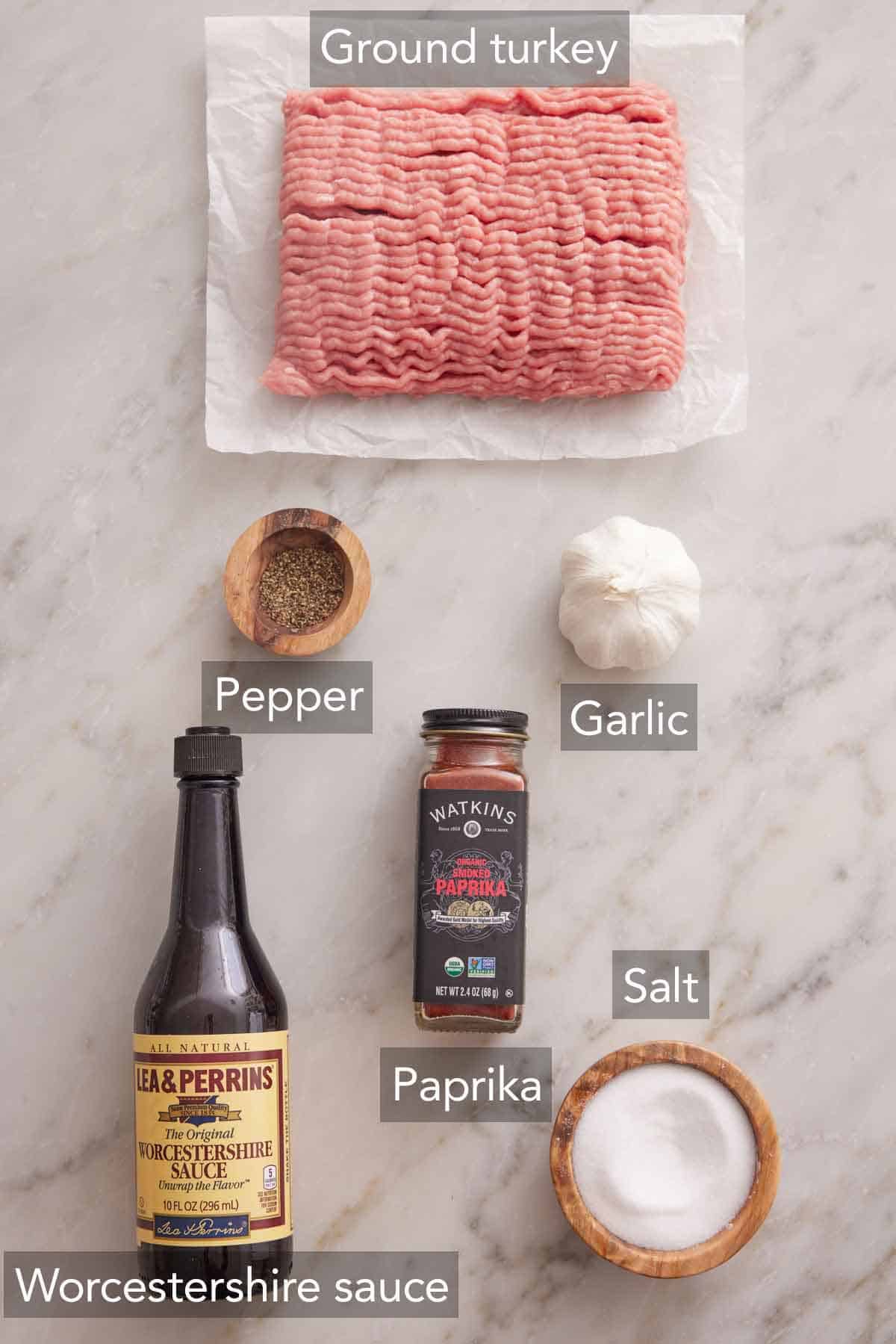 Ingredients needed to make air fryer turkey burgers.