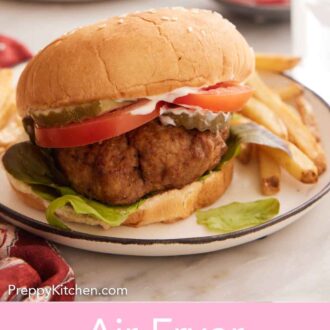Pinterest graphic of a plate with an air fryer turkey burger with a side of fries.