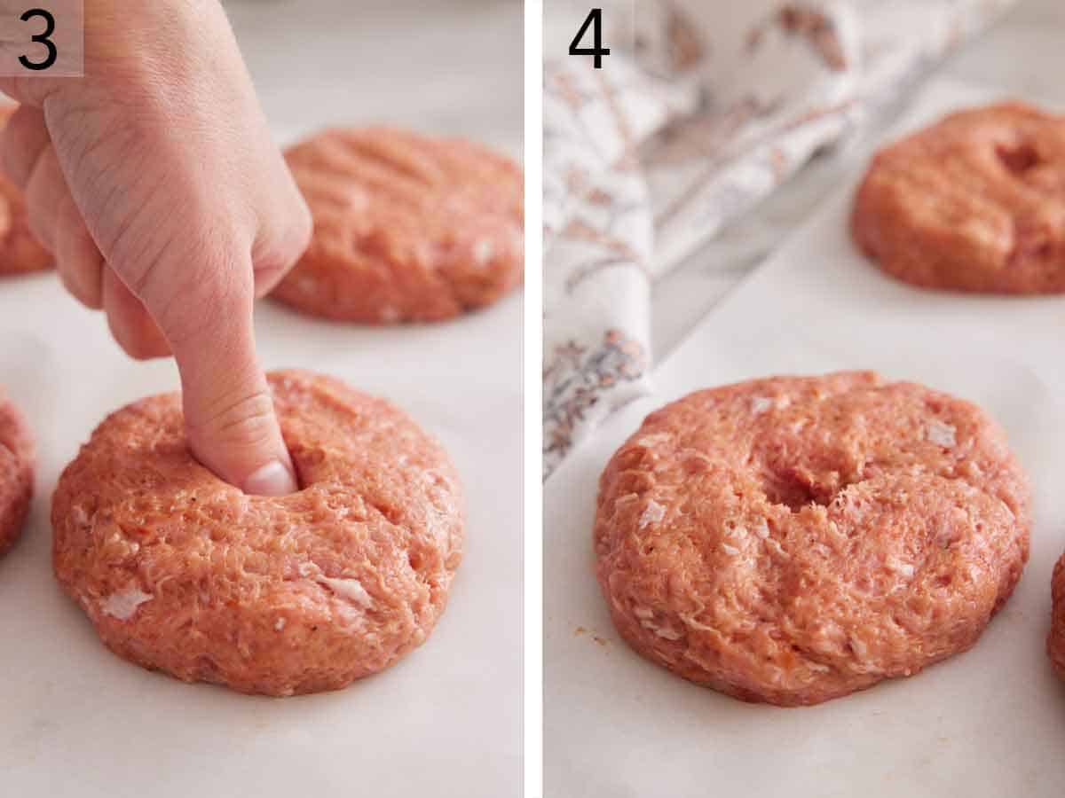 Set of two photos showing a thumb pressing into the top of each patty.