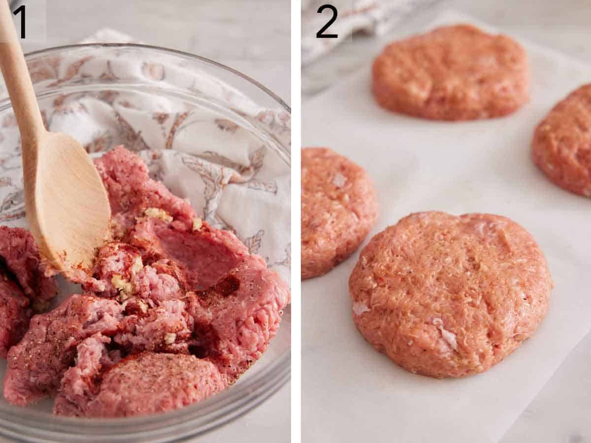 Set of two photos showing meat, seasoning, and onions mixed and molded into a patty.
