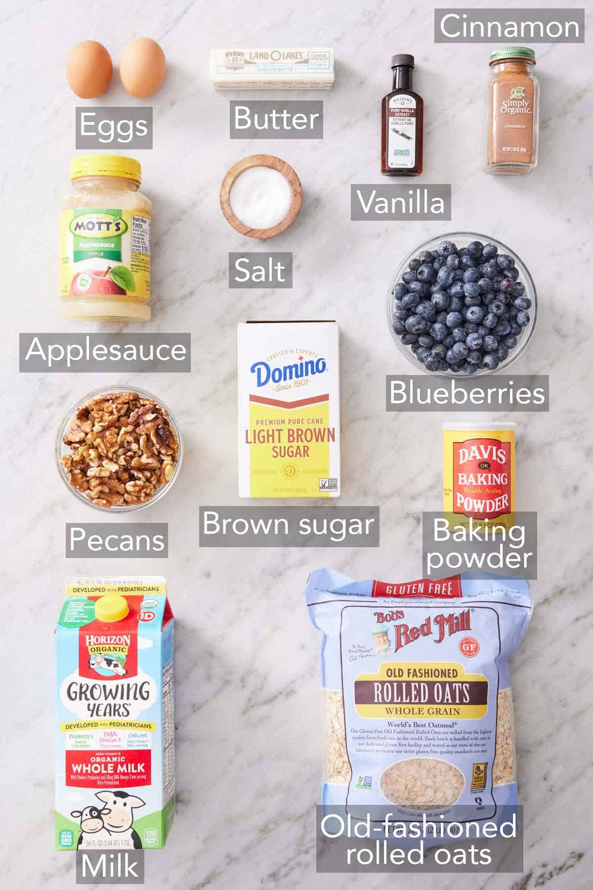 Ingredients needed to make baked oatmeal.