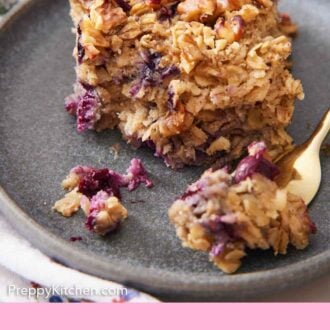 Pinterest graphic of a plate with a square piece of baked oatmeal with a corner scooped off onto a fork.