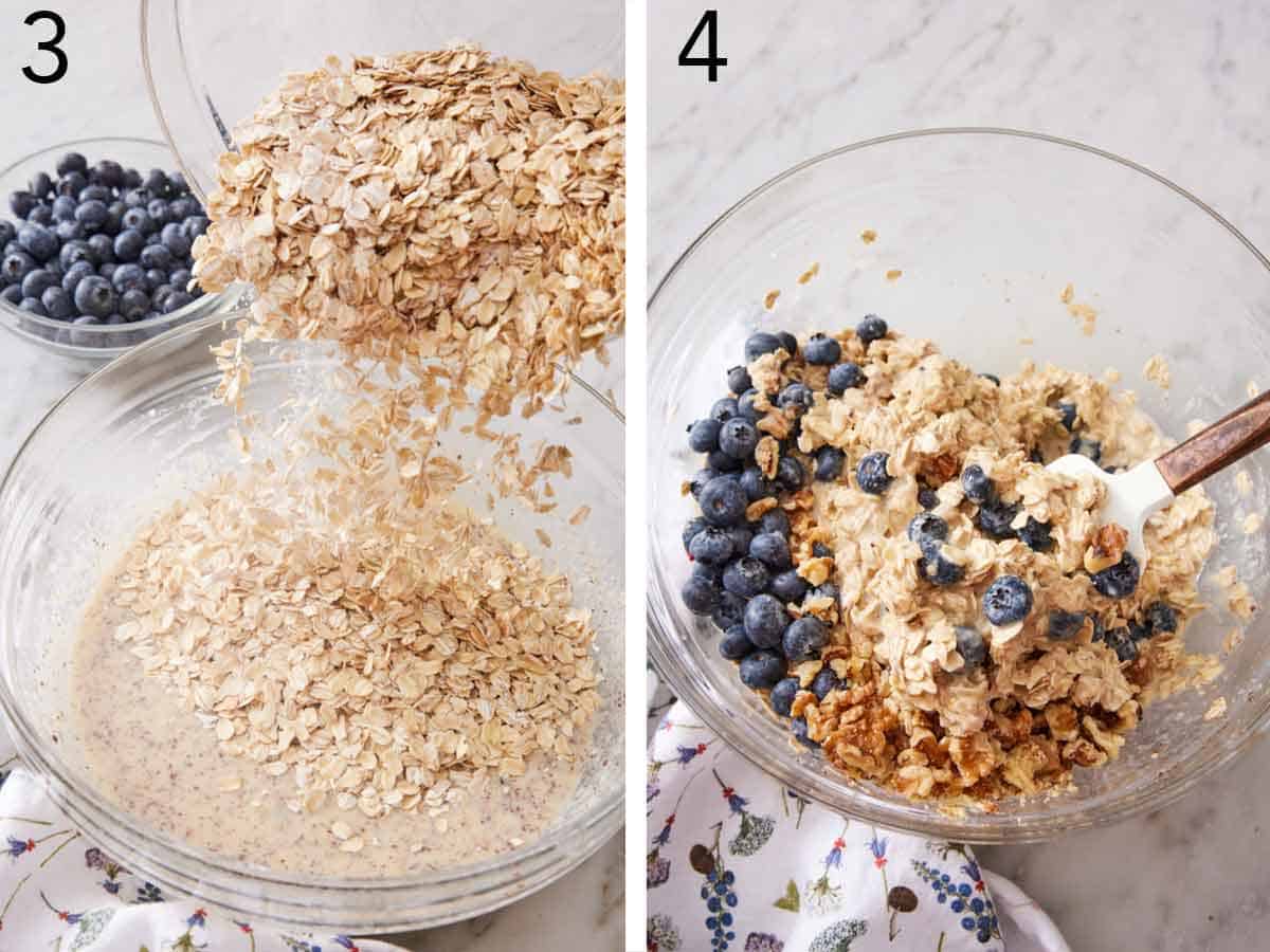 Set of two photos showing rolled oats and blueberries added to a bowl and mixed together.