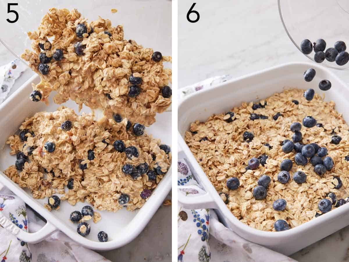 Set of two photos showing the ingredients added to a baking dish then topped with more blueberries.