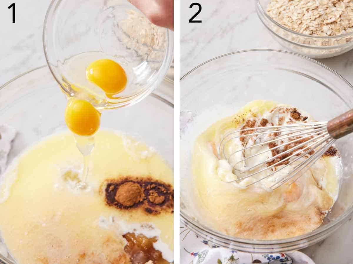 Set of two photos showing wet ingredients added to a bowl and whisked together.