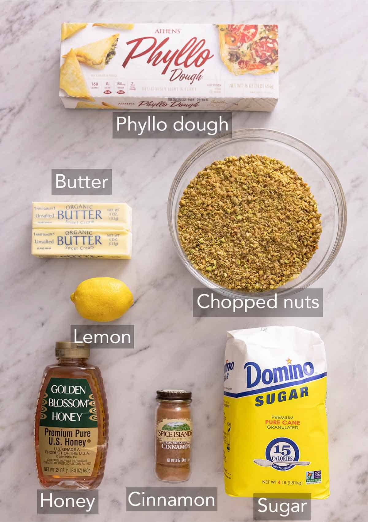 Ingredients needed to make baklava.
