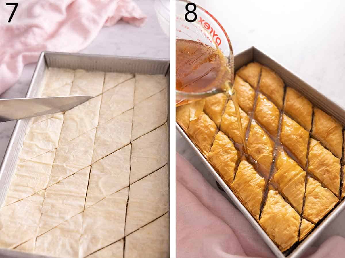 Set of two photos showing baklava sliced before baking the honey mixture poured on after baking.