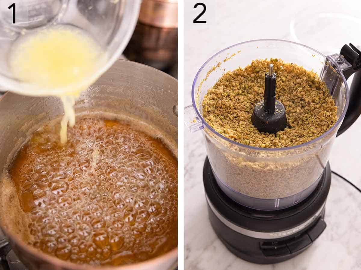 Set of two photos showing honey bubbling in a pot and nuts pulsed in a food processor.