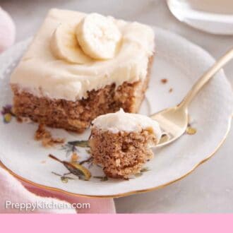 Pinterest graphic of a plate with a slice of banana bar with a corner bite on a fork.