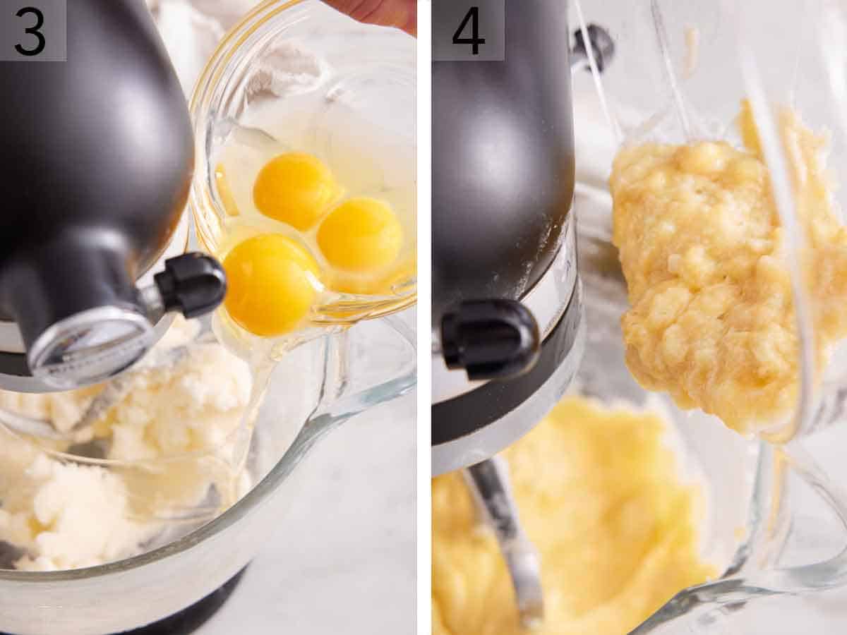 Set of two photos showing eggs and mashed bananas added to a mixer.