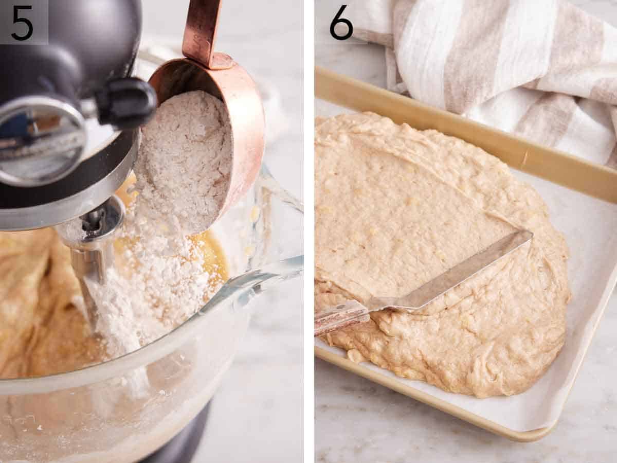 Set of two photos showing flour mixture added to the mixer then the batter spread onto a sheet pan.