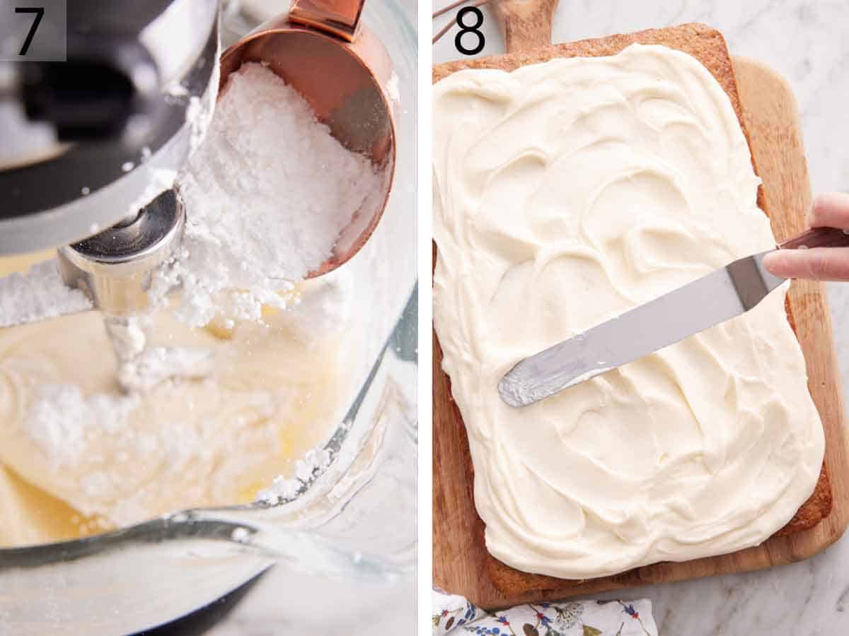 Set of two photos showing frosting mixed and spread over the banana bars.