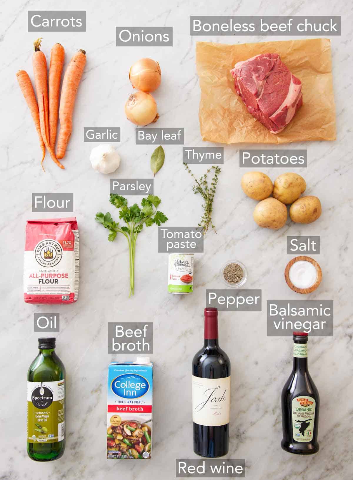 Ingredients needed to make beef stew.