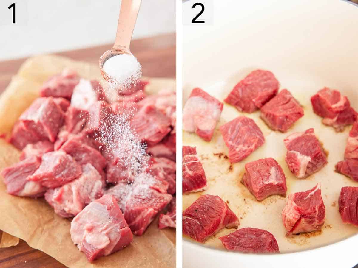 Set of two photos showing salt sprinkled over cut beef and then browned in a pot.