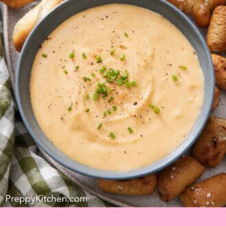 Pinterest graphic of an overhead view of a bowl of beer cheese dip surrounded by pretzels.