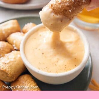 Pinterest graphic of a pretzel bite dipped into a bowl of beer cheese dip.
