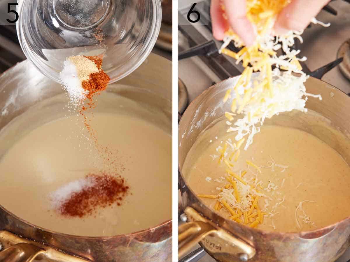 Set of two photos showing seasoning and shredded cheese added to the pot.