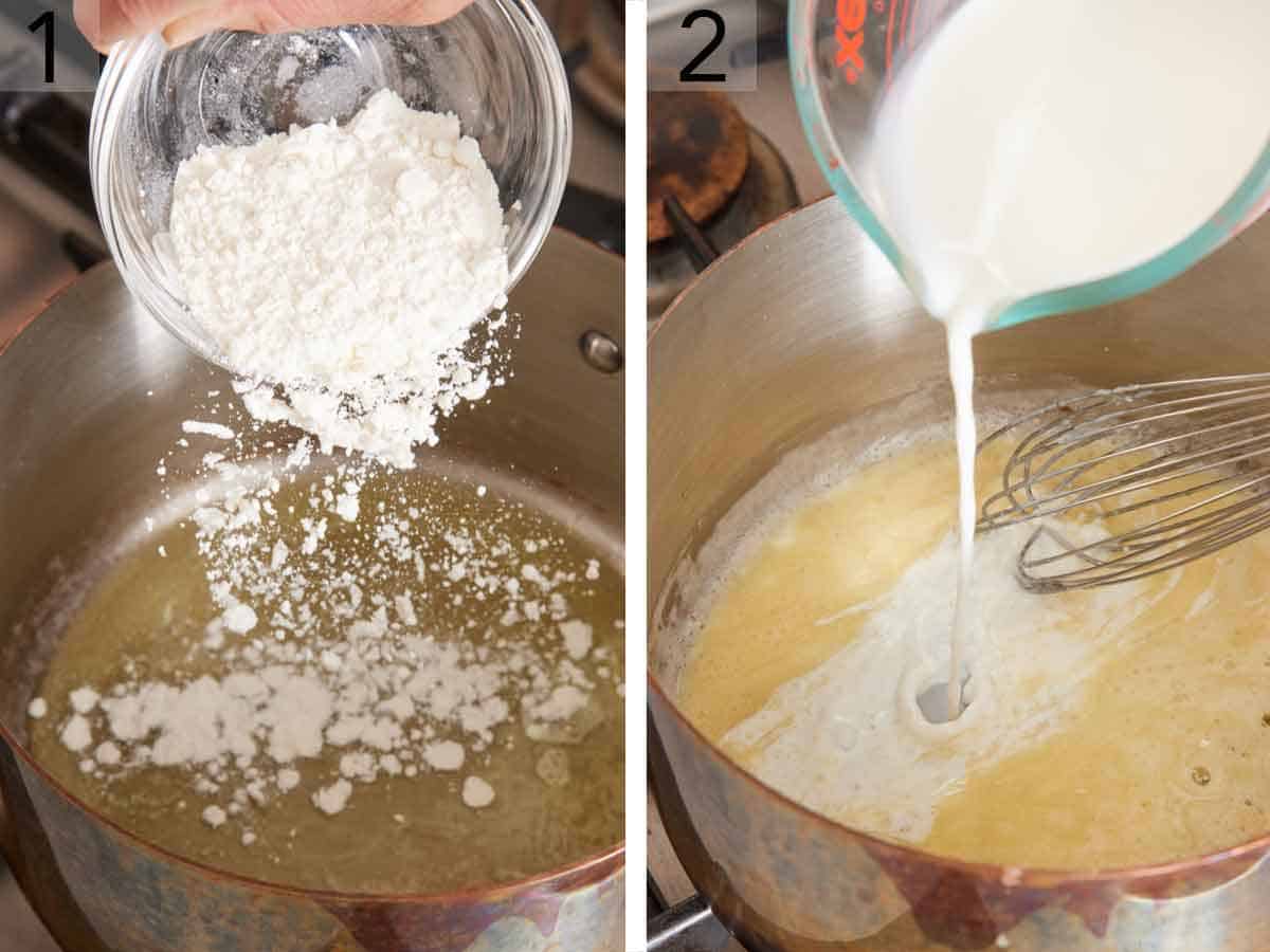 Set of two photos showing flour added to melted butter and milk poured in.