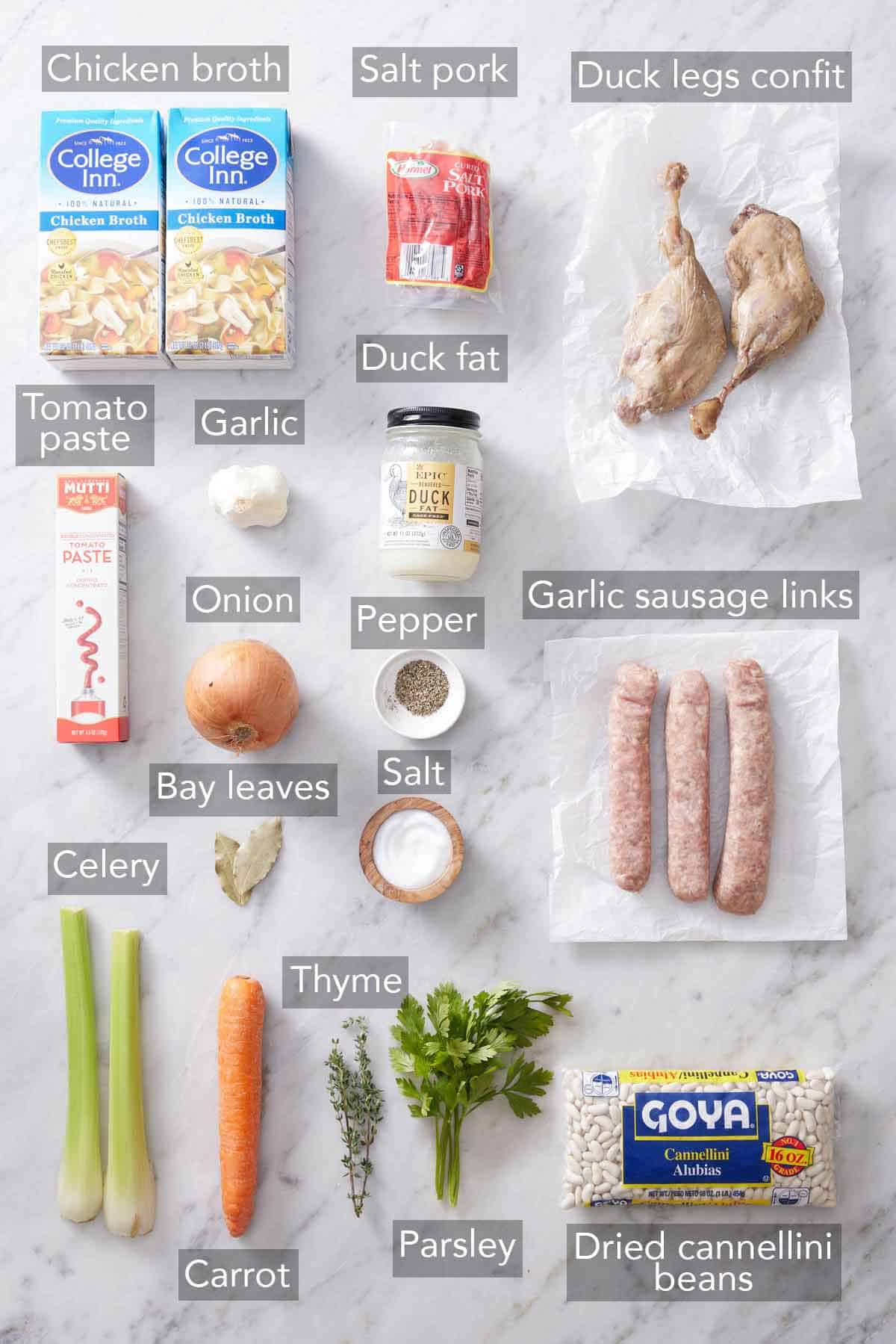 Ingredients needed to make cassoulet.