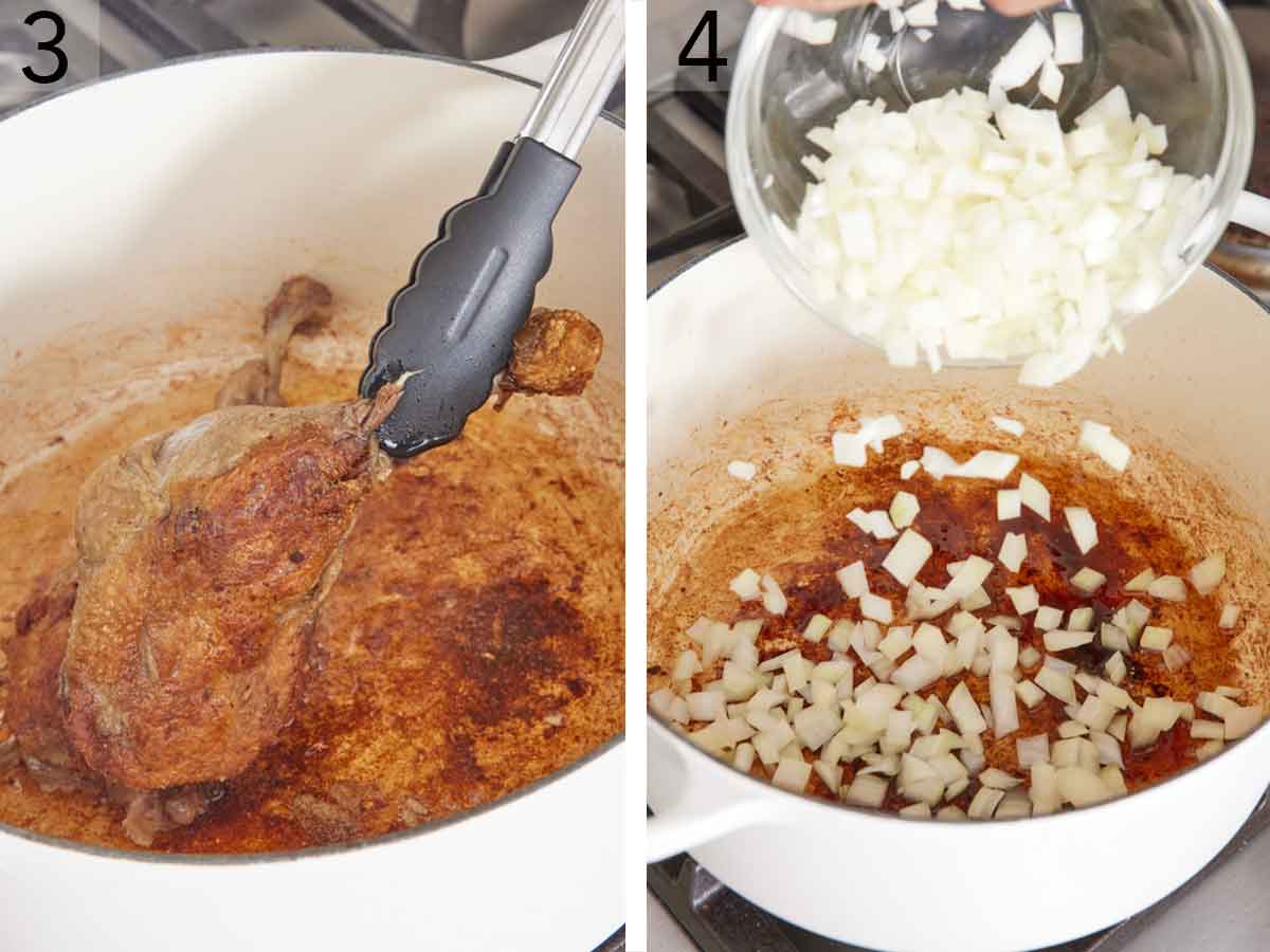 Set of two photos showing duck legs seared in a pot and diced onions added to the pot.