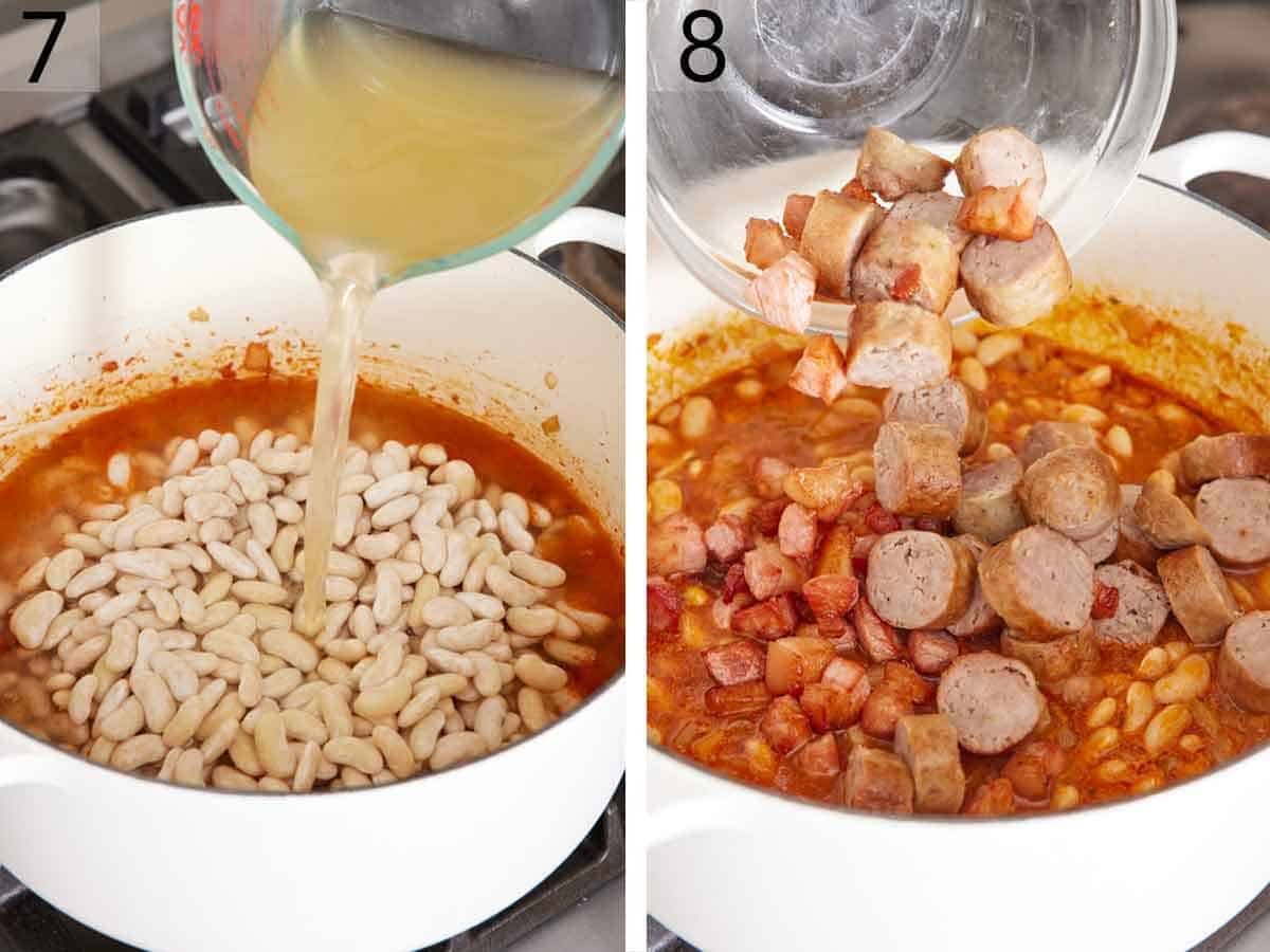 Set of two photos showing chicken broth and cut sausages added to the pot.