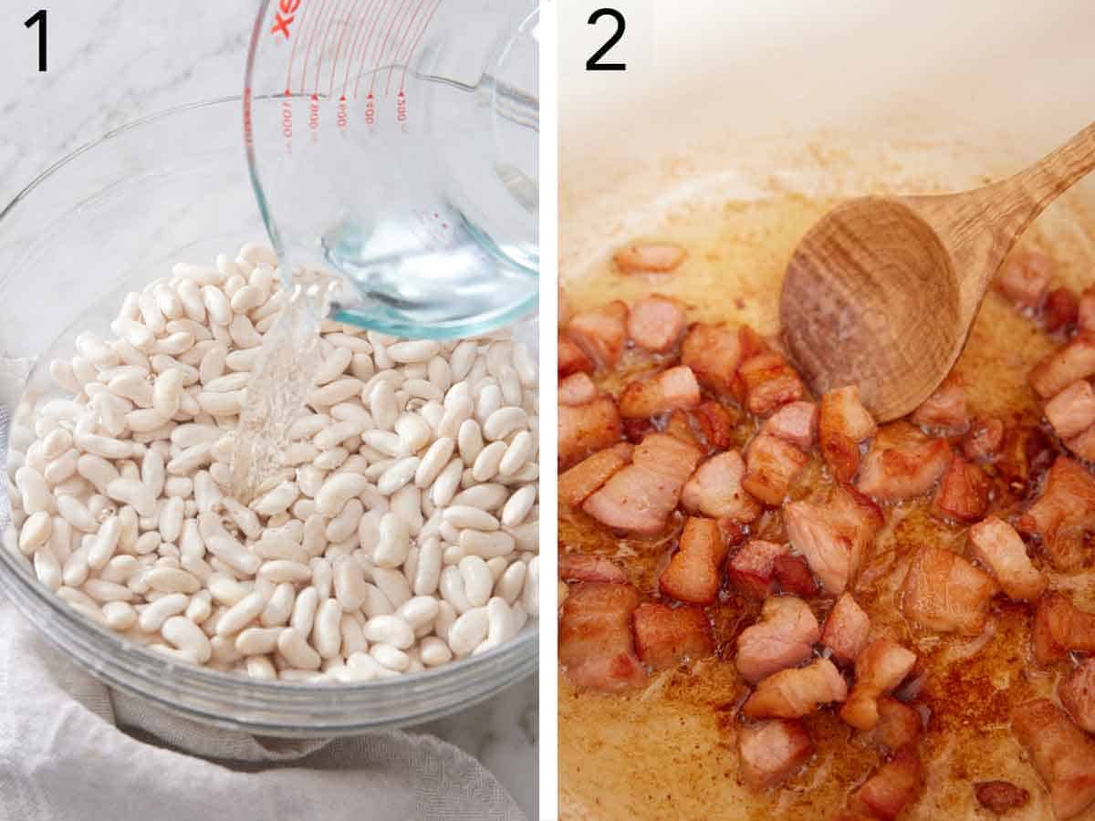 Set of two photos showing water added to a bowl of dried beans and diced pork cooked in a pot.