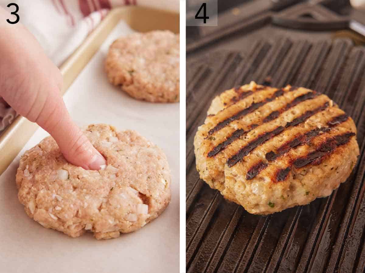 Set of two photos showing a finger pressed into a patty and then grilled.