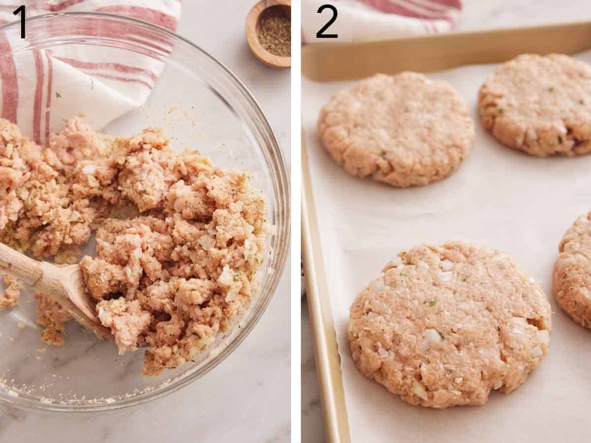 Set of two photos showing ground meat mixed and shaped into patties.