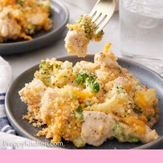 Pinterest graphic of a fork lifting up some chicken divan from a serving on a plate.